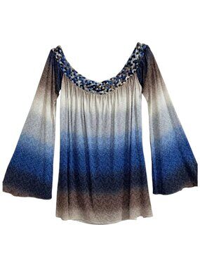 Sky Ombre Braided Neckline Boho Blouse Sky Blue Beige M L Tunic Top Boutique